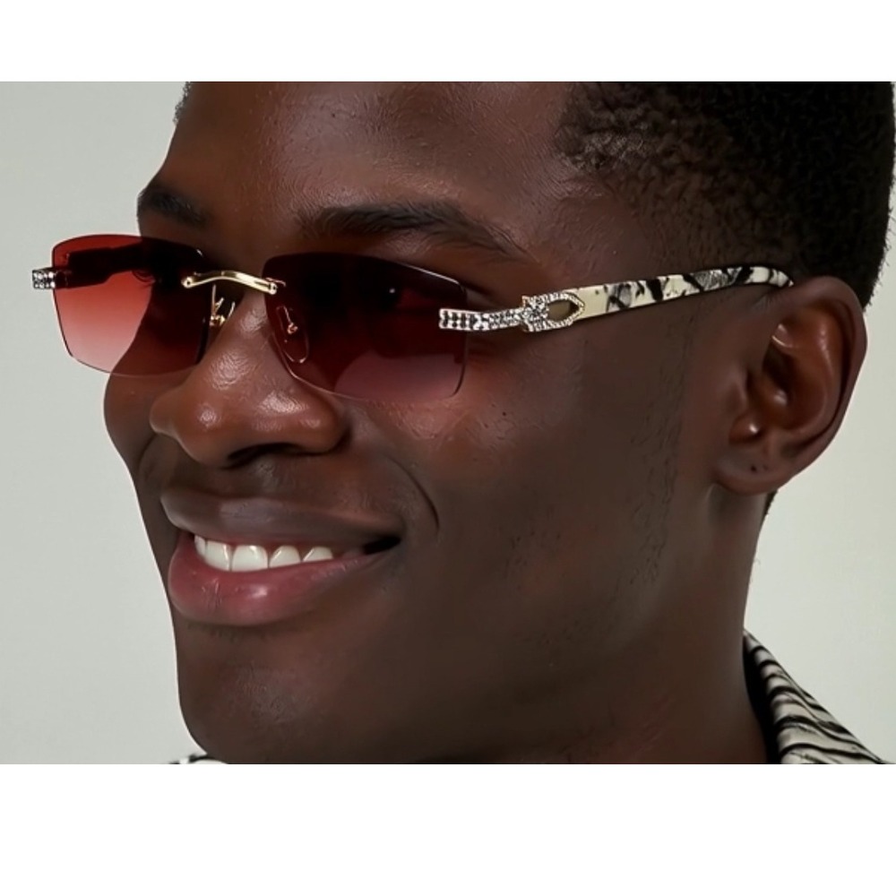 Rimless Sunglasses Red Lens Rhinestone Accents Fashion Shades Men Hip Hop Trendy